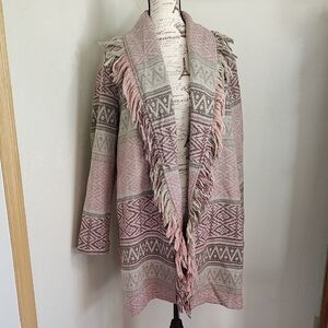 Hem & Thread Cardigan Sweater Fringe Long Line Pinks Grey Berry Size Large